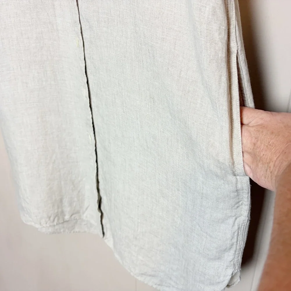 J. Crew 100% Linen Capitaine Shirt Dress M Short Sleeve Button Down Beige Tan
